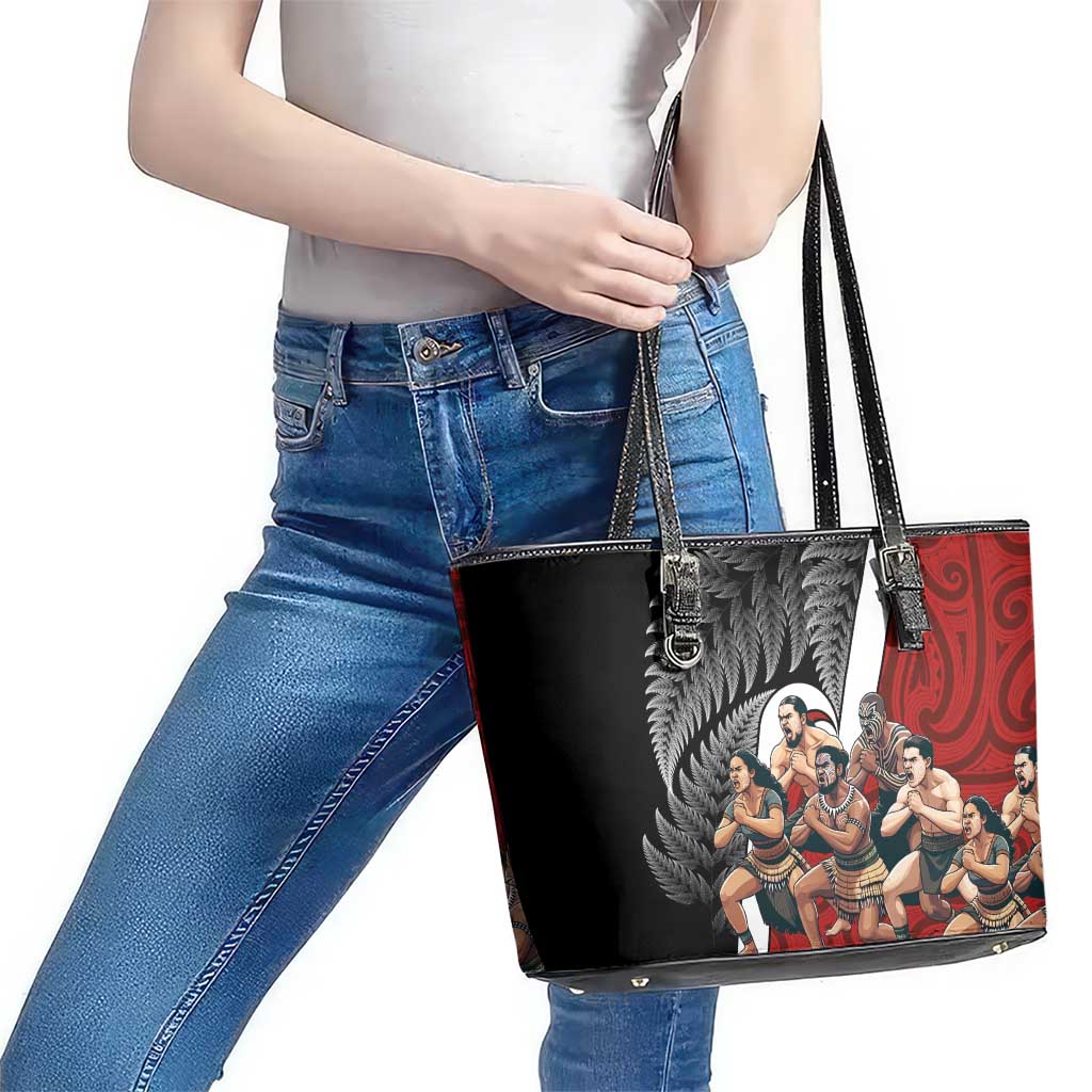 New Zealand Te Matatini Leather Tote Bag Kapa Haka and Silver Fern - Maori Art Pattern LT03 - Polynesian Pride