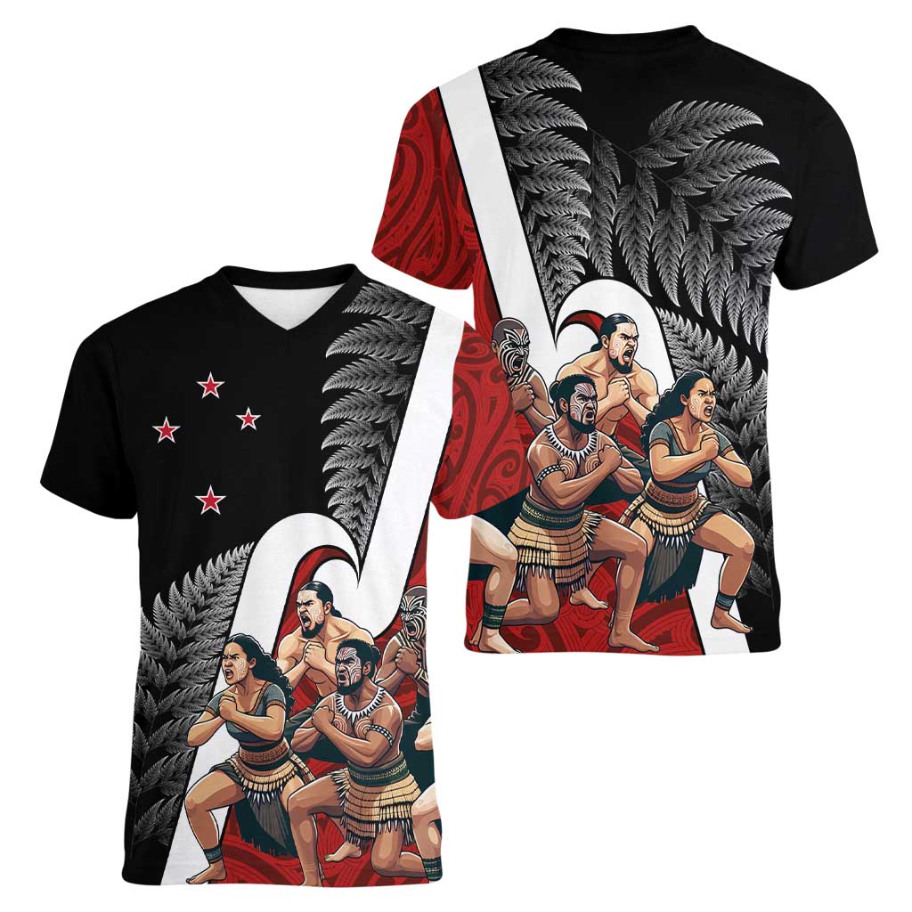 New Zealand Te Matatini Women V-Neck T-Shirt Kapa Haka and Silver Fern - Maori Art Pattern
