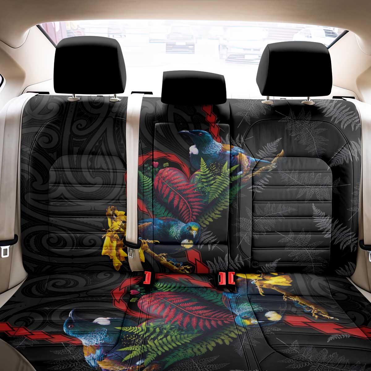 New Zealand Tui Birds Love Couple Back Car Seat Cover The Heart of Silver Fern Leaves and Maori Tattoo Pattern