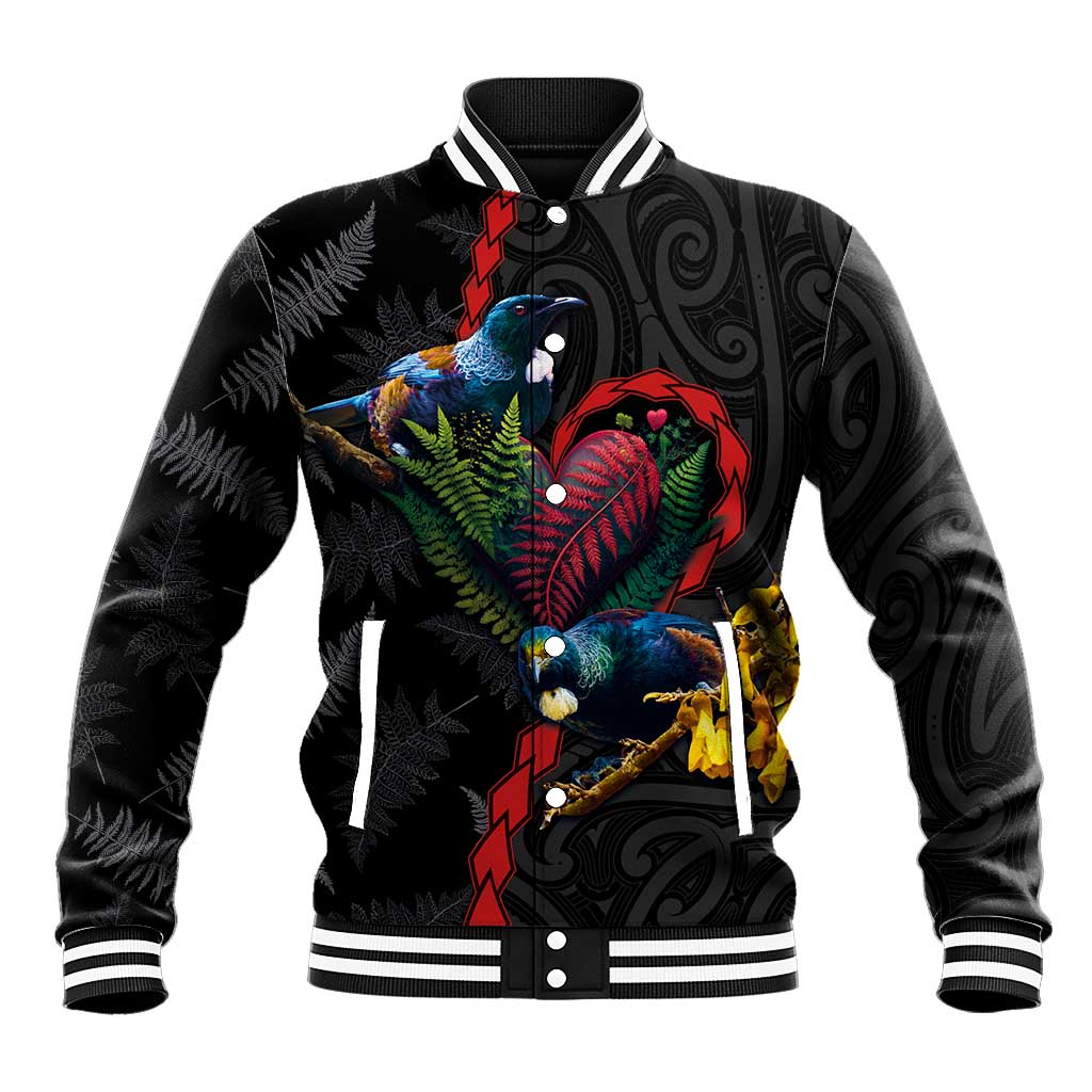 New Zealand Tui Birds Love Couple Baseball Jacket The Heart of Silver Fern Leaves and Maori Tattoo Pattern