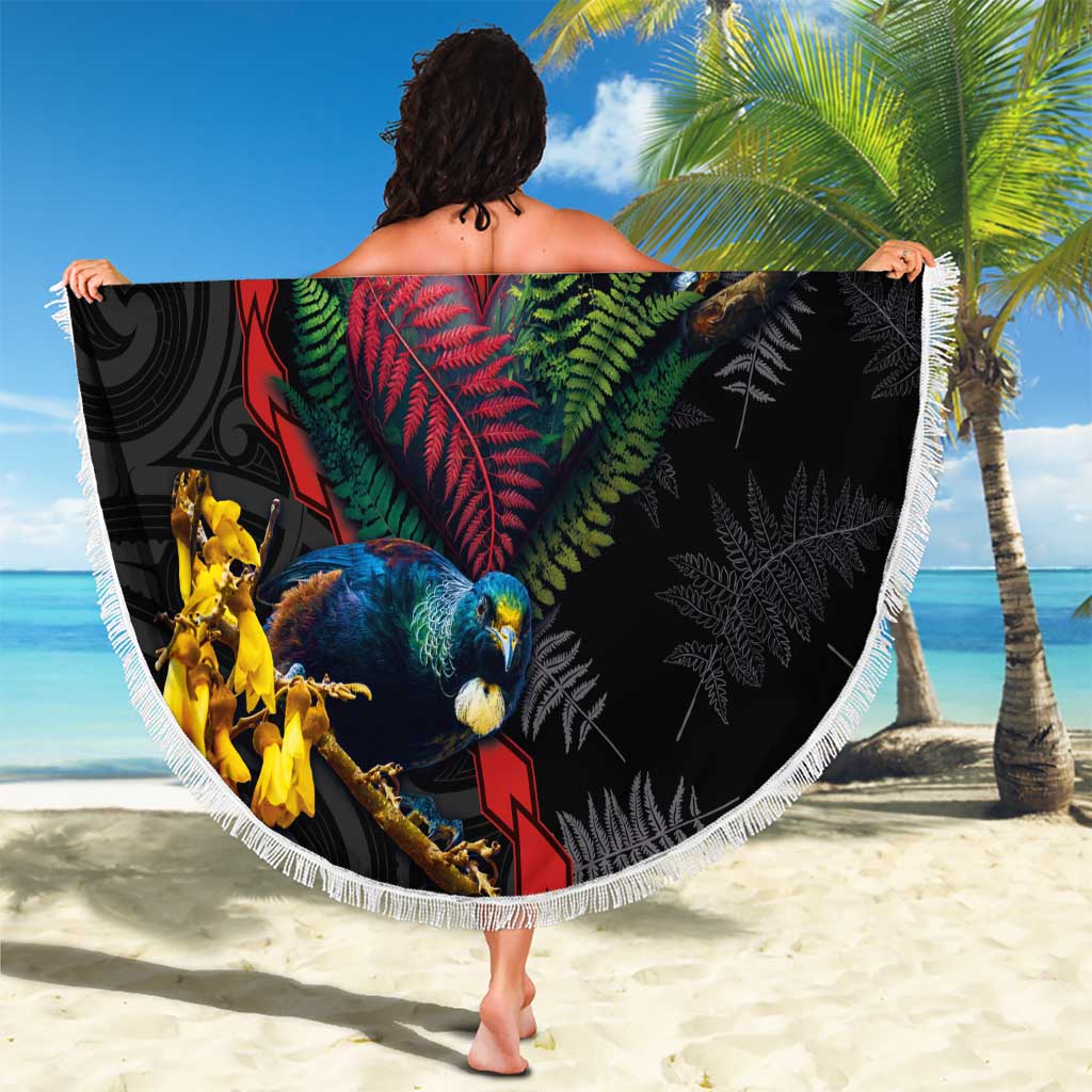 New Zealand Tui Birds Love Couple Beach Blanket The Heart of Silver Fern Leaves and Maori Tattoo Pattern