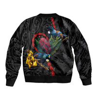New Zealand Tui Birds Love Couple Bomber Jacket The Heart of Silver Fern Leaves and Maori Tattoo Pattern