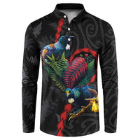 New Zealand Tui Birds Love Couple Button Sweatshirt The Heart of Silver Fern Leaves and Maori Tattoo Pattern LT03 Black - Polynesian Pride