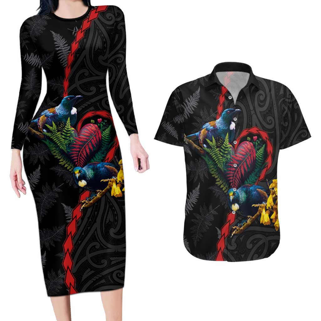 New Zealand Tui Birds Love Couple Couples Matching Long Sleeve Bodycon Dress and Hawaiian Shirt The Heart of Silver Fern Leaves and Maori Tattoo Pattern LT03 Black - Polynesian Pride