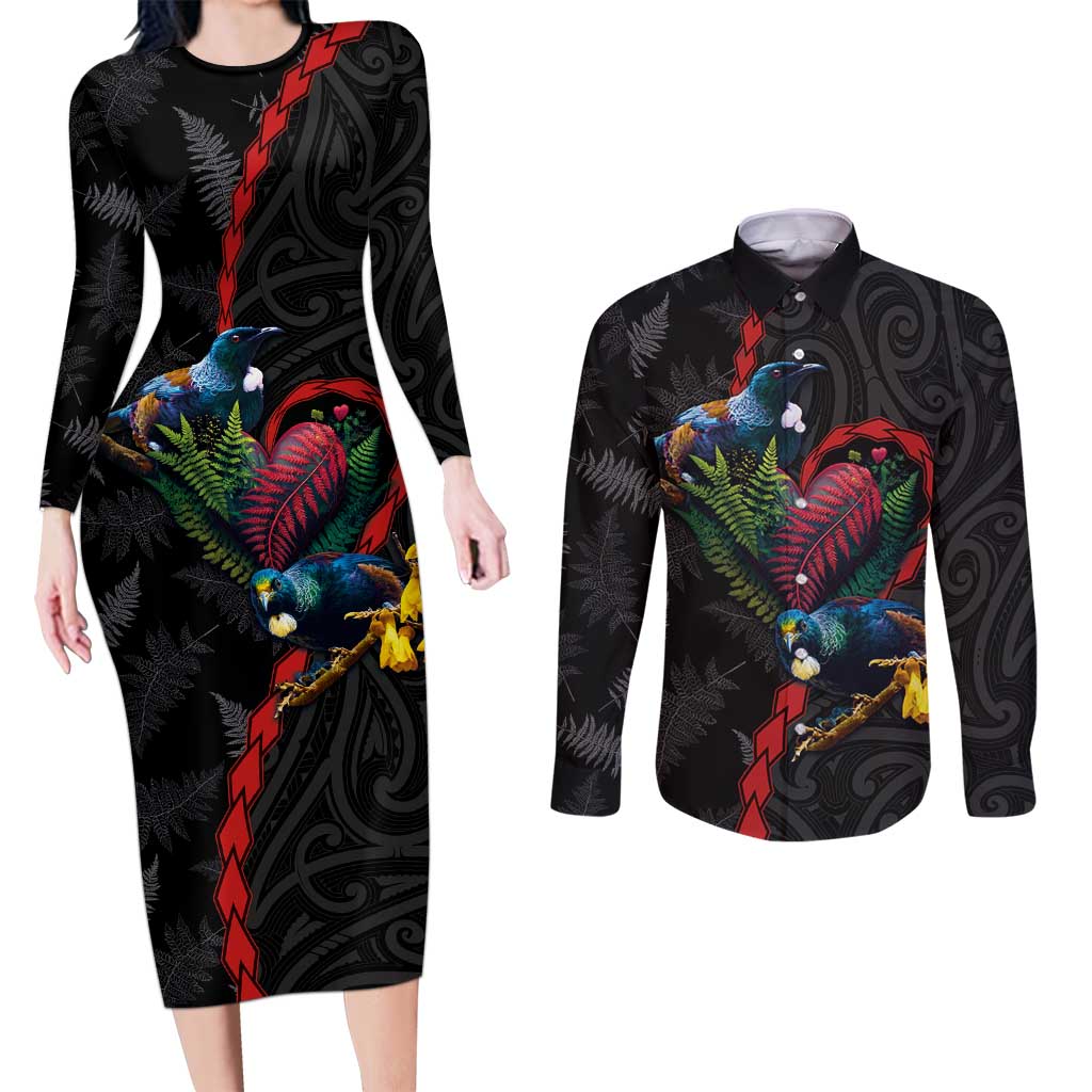 New Zealand Tui Birds Love Couple Couples Matching Long Sleeve Bodycon Dress and Long Sleeve Button Shirt The Heart of Silver Fern Leaves and Maori Tattoo Pattern