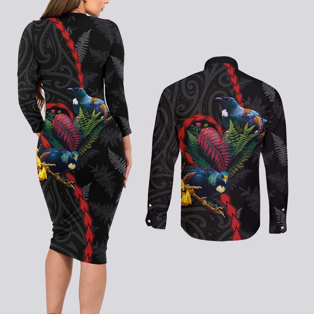 New Zealand Tui Birds Love Couple Couples Matching Long Sleeve Bodycon Dress and Long Sleeve Button Shirt The Heart of Silver Fern Leaves and Maori Tattoo Pattern