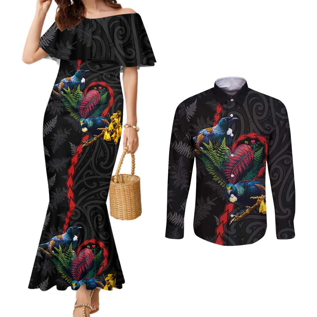 New Zealand Tui Birds Love Couple Couples Matching Mermaid Dress and Long Sleeve Button Shirt The Heart of Silver Fern Leaves and Maori Tattoo Pattern