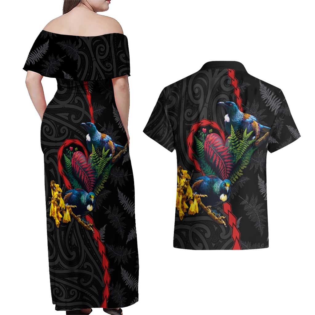 New Zealand Tui Birds Love Couple Couples Matching Off Shoulder Maxi Dress and Hawaiian Shirt The Heart of Silver Fern Leaves and Maori Tattoo Pattern LT03 - Polynesian Pride