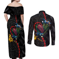 New Zealand Tui Birds Love Couple Couples Matching Off Shoulder Maxi Dress and Long Sleeve Button Shirt The Heart of Silver Fern Leaves and Maori Tattoo Pattern