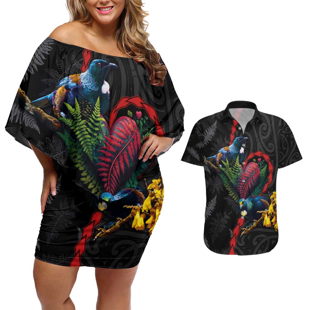 New Zealand Tui Birds Love Couple Couples Matching Off Shoulder Short Dress and Hawaiian Shirt The Heart of Silver Fern Leaves and Maori Tattoo Pattern