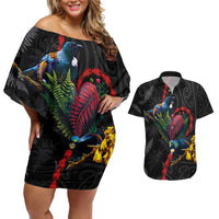 New Zealand Tui Birds Love Couple Couples Matching Off Shoulder Short Dress and Hawaiian Shirt The Heart of Silver Fern Leaves and Maori Tattoo Pattern