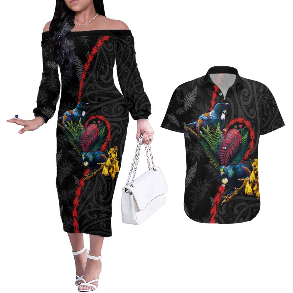 New Zealand Tui Birds Love Couple Couples Matching Off The Shoulder Long Sleeve Dress and Hawaiian Shirt The Heart of Silver Fern Leaves and Maori Tattoo Pattern