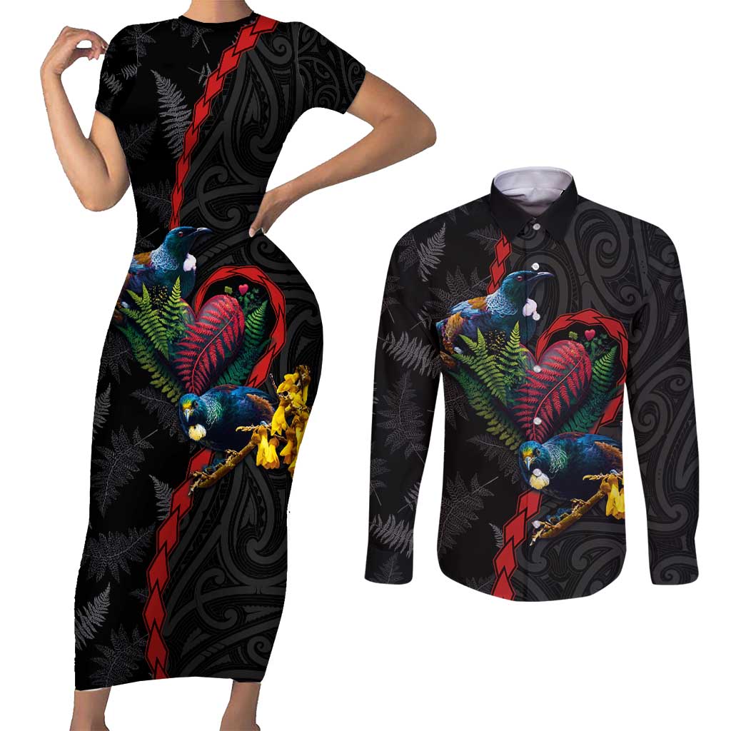 New Zealand Tui Birds Love Couple Couples Matching Short Sleeve Bodycon Dress and Long Sleeve Button Shirt The Heart of Silver Fern Leaves and Maori Tattoo Pattern