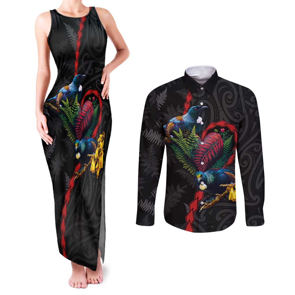 New Zealand Tui Birds Love Couple Couples Matching Tank Maxi Dress and Long Sleeve Button Shirt The Heart of Silver Fern Leaves and Maori Tattoo Pattern