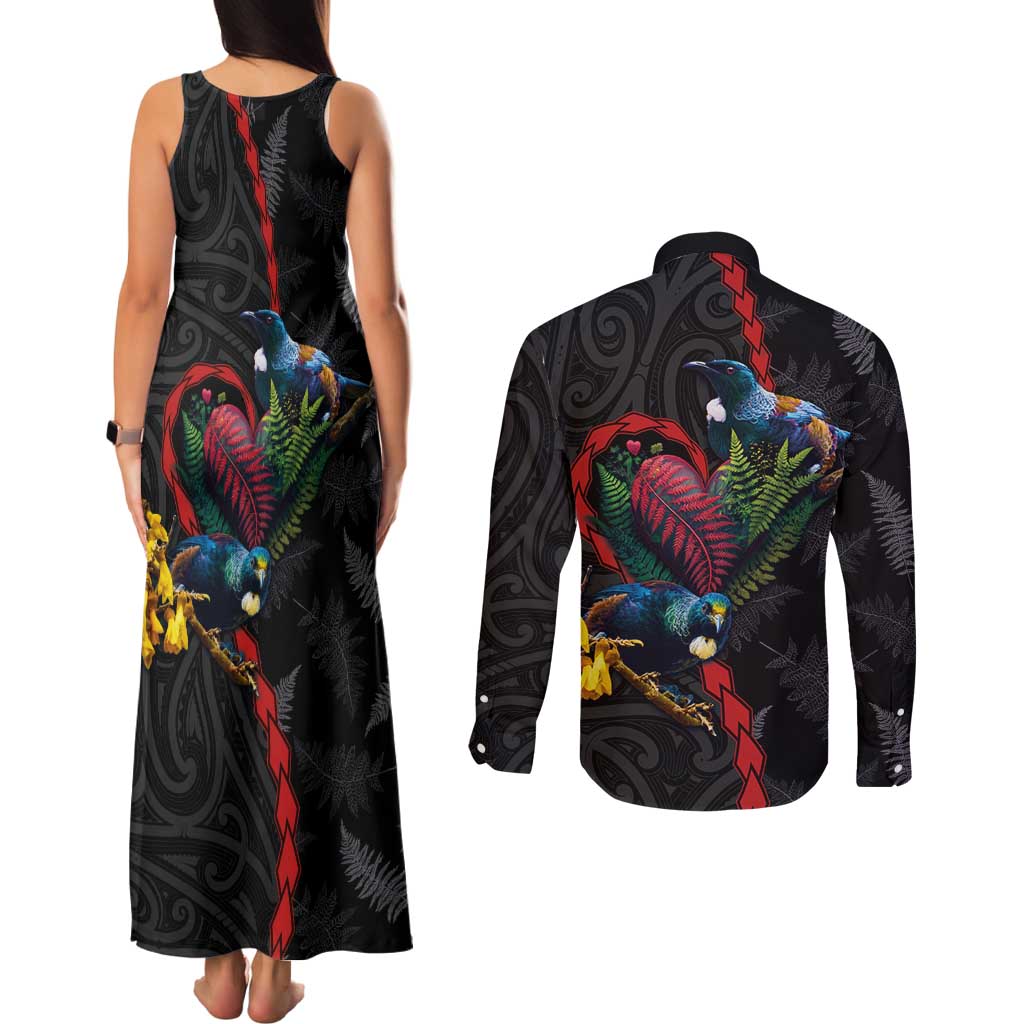 New Zealand Tui Birds Love Couple Couples Matching Tank Maxi Dress and Long Sleeve Button Shirt The Heart of Silver Fern Leaves and Maori Tattoo Pattern