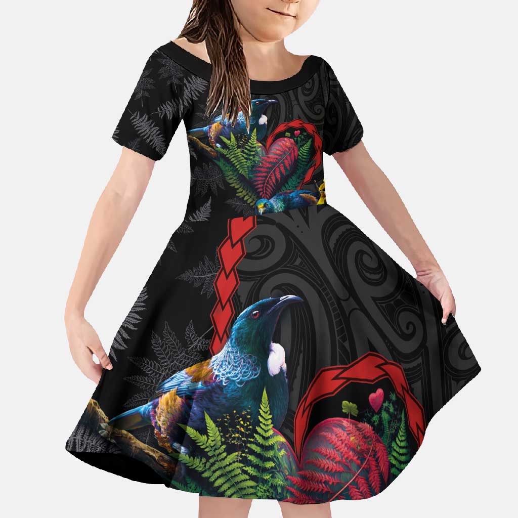 New Zealand Tui Birds Love Couple Family Matching Long Sleeve Bodycon Dress and Hawaiian Shirt The Heart of Silver Fern Leaves and Maori Tattoo Pattern LT03 Daughter's Dress Black - Polynesian Pride
