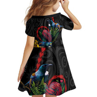 New Zealand Tui Birds Love Couple Family Matching Long Sleeve Bodycon Dress and Hawaiian Shirt The Heart of Silver Fern Leaves and Maori Tattoo Pattern LT03 - Polynesian Pride