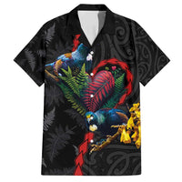 New Zealand Tui Birds Love Couple Family Matching Long Sleeve Bodycon Dress and Hawaiian Shirt The Heart of Silver Fern Leaves and Maori Tattoo Pattern LT03 Dad's Shirt - Short Sleeve Black - Polynesian Pride