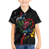 New Zealand Tui Birds Love Couple Family Matching Long Sleeve Bodycon Dress and Hawaiian Shirt The Heart of Silver Fern Leaves and Maori Tattoo Pattern LT03 Son's Shirt Black - Polynesian Pride