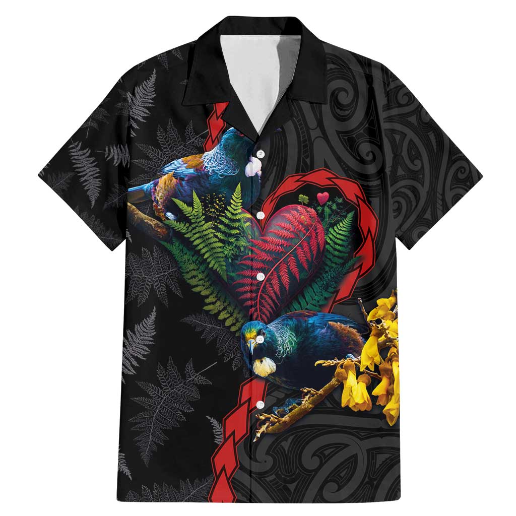 New Zealand Tui Birds Love Couple Family Matching Mermaid Dress and Hawaiian Shirt The Heart of Silver Fern Leaves and Maori Tattoo Pattern LT03 Dad's Shirt - Short Sleeve Black - Polynesian Pride