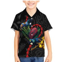 New Zealand Tui Birds Love Couple Family Matching Mermaid Dress and Hawaiian Shirt The Heart of Silver Fern Leaves and Maori Tattoo Pattern LT03 Son's Shirt Black - Polynesian Pride
