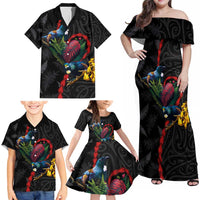 New Zealand Tui Birds Love Couple Family Matching Off Shoulder Maxi Dress and Hawaiian Shirt The Heart of Silver Fern Leaves and Maori Tattoo Pattern LT03 - Polynesian Pride