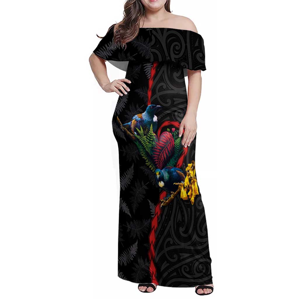 New Zealand Tui Birds Love Couple Family Matching Off Shoulder Maxi Dress and Hawaiian Shirt The Heart of Silver Fern Leaves and Maori Tattoo Pattern LT03 Mom's Dress Black - Polynesian Pride