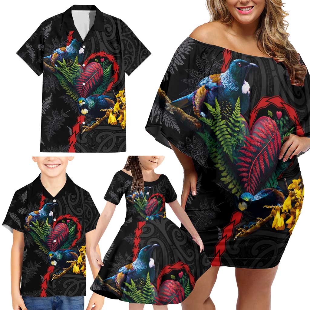 New Zealand Tui Birds Love Couple Family Matching Off Shoulder Short Dress and Hawaiian Shirt The Heart of Silver Fern Leaves and Maori Tattoo Pattern LT03 - Polynesian Pride