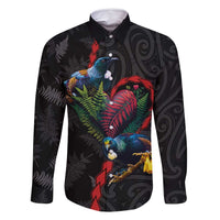 New Zealand Tui Birds Love Couple Family Matching Off Shoulder Short Dress and Hawaiian Shirt The Heart of Silver Fern Leaves and Maori Tattoo Pattern LT03 Dad's Shirt - Long Sleeve Black - Polynesian Pride
