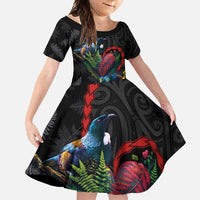 New Zealand Tui Birds Love Couple Family Matching Short Sleeve Bodycon Dress and Hawaiian Shirt The Heart of Silver Fern Leaves and Maori Tattoo Pattern LT03 Daughter's Dress Black - Polynesian Pride