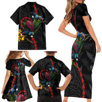 New Zealand Tui Birds Love Couple Family Matching Short Sleeve Bodycon Dress and Hawaiian Shirt The Heart of Silver Fern Leaves and Maori Tattoo Pattern LT03 - Polynesian Pride