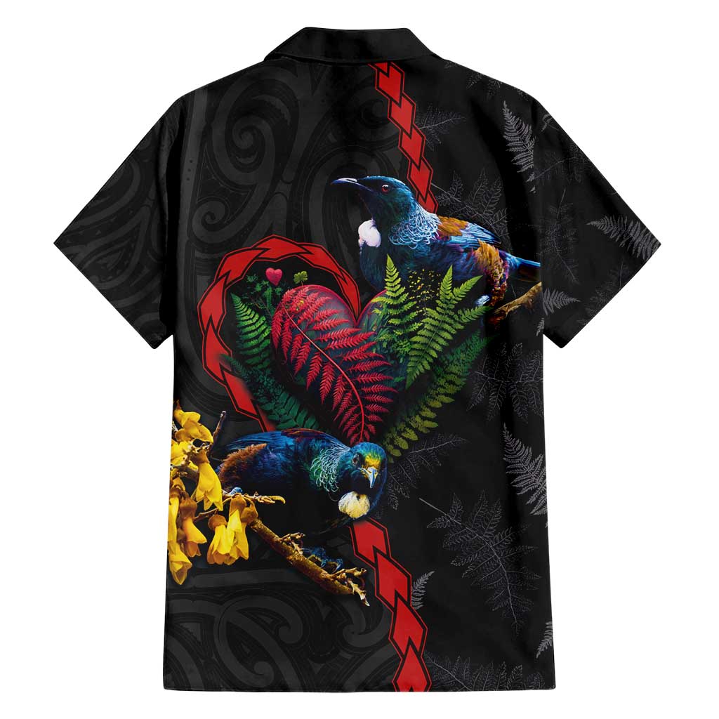 New Zealand Tui Birds Love Couple Family Matching Short Sleeve Bodycon Dress and Hawaiian Shirt The Heart of Silver Fern Leaves and Maori Tattoo Pattern LT03 - Polynesian Pride