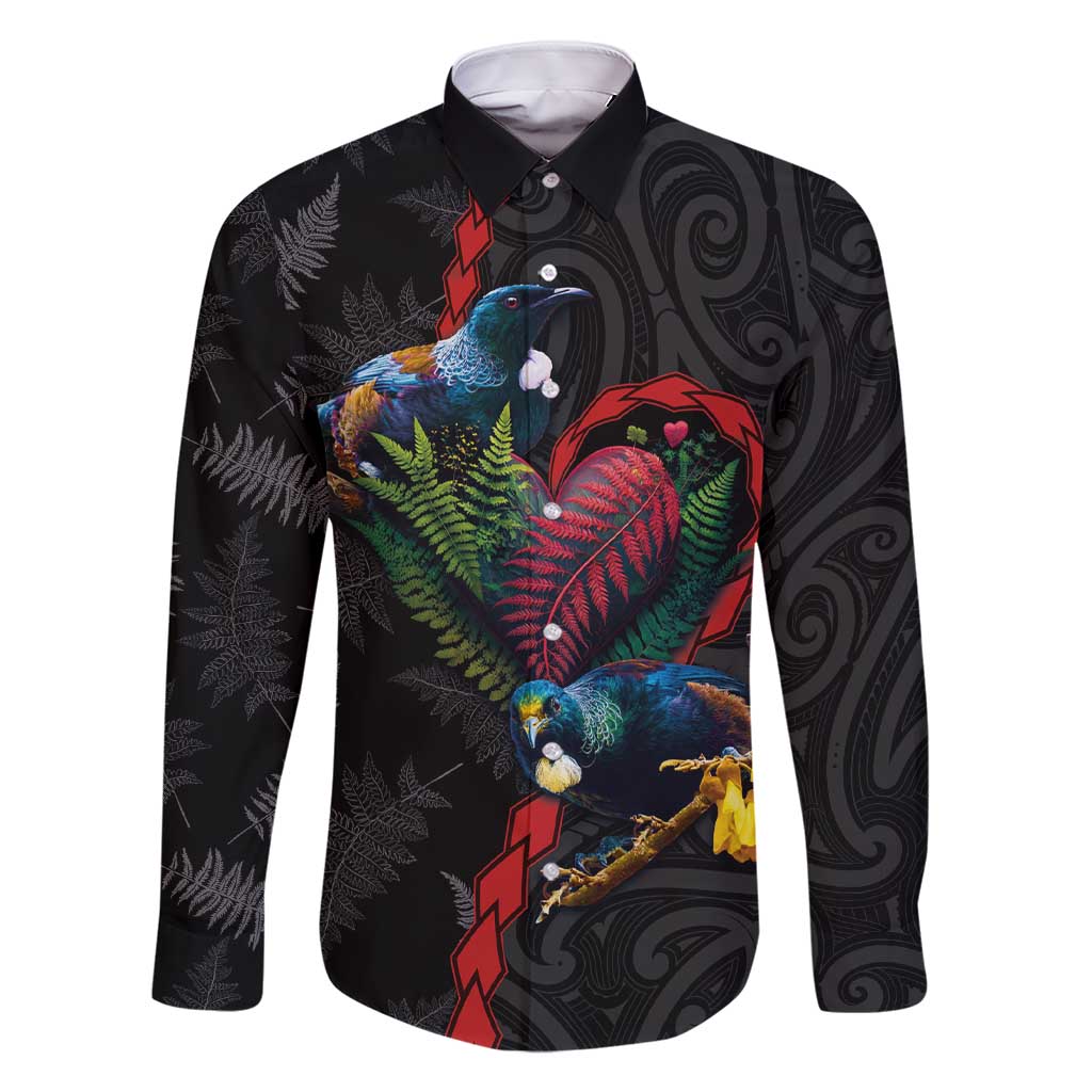 New Zealand Tui Birds Love Couple Family Matching Short Sleeve Bodycon Dress and Hawaiian Shirt The Heart of Silver Fern Leaves and Maori Tattoo Pattern LT03 Dad's Shirt - Long Sleeve Black - Polynesian Pride