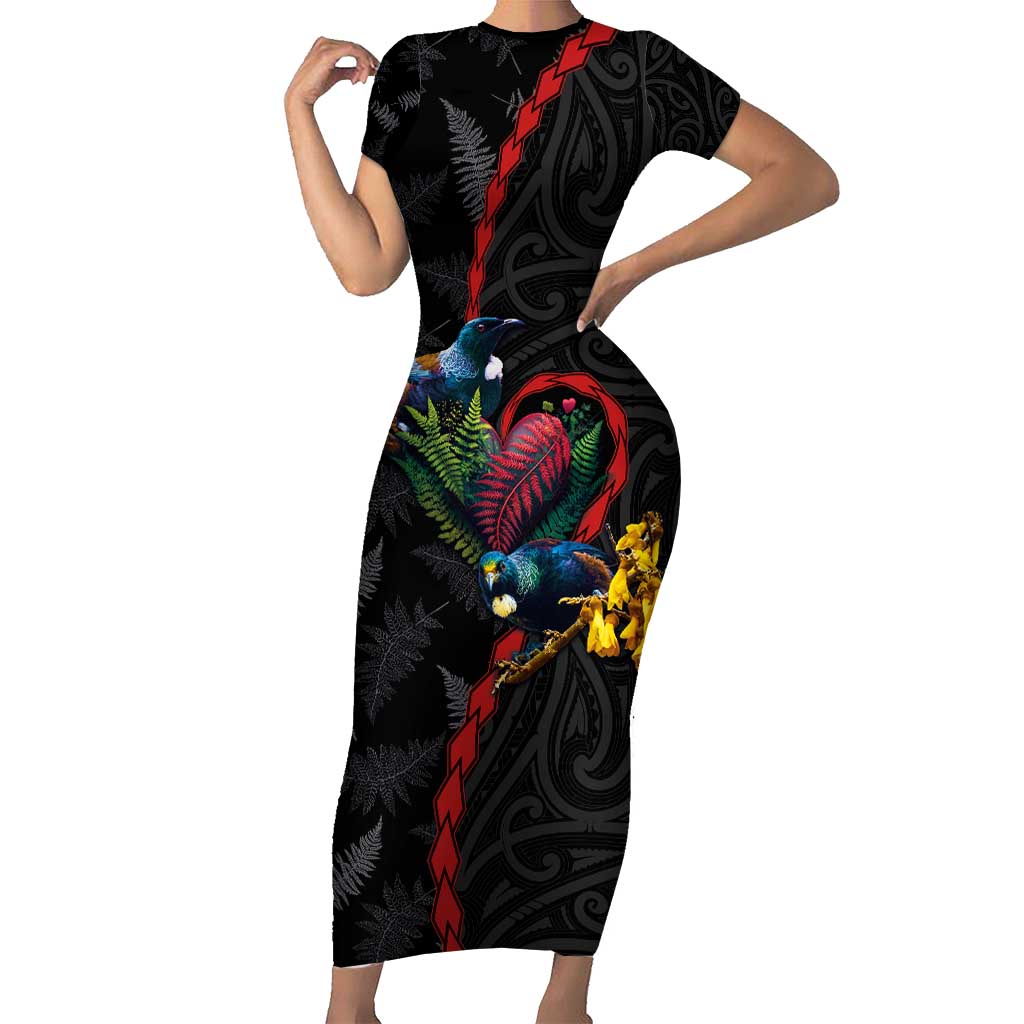 New Zealand Tui Birds Love Couple Family Matching Short Sleeve Bodycon Dress and Hawaiian Shirt The Heart of Silver Fern Leaves and Maori Tattoo Pattern LT03 Mom's Dress Black - Polynesian Pride