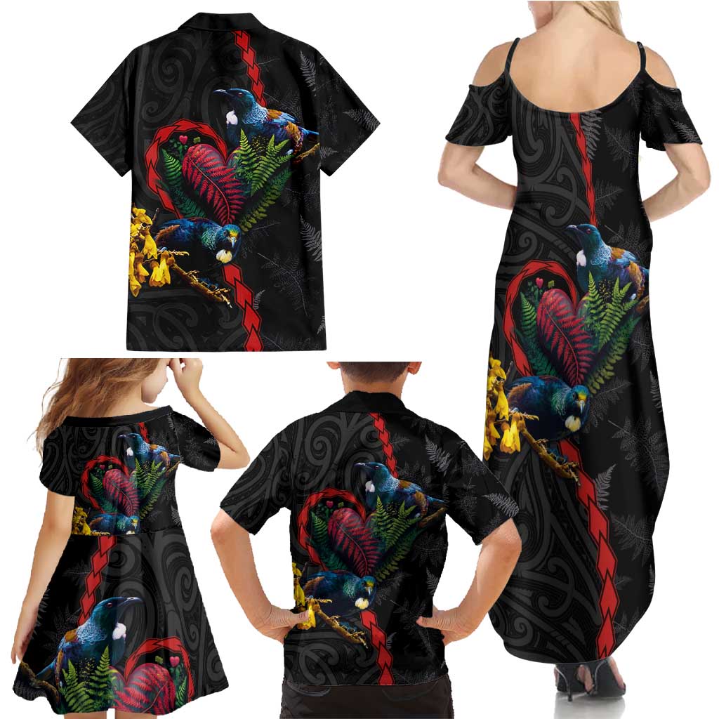 New Zealand Tui Birds Love Couple Family Matching Summer Maxi Dress and Hawaiian Shirt The Heart of Silver Fern Leaves and Maori Tattoo Pattern LT03 - Polynesian Pride