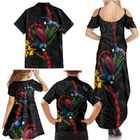 New Zealand Tui Birds Love Couple Family Matching Summer Maxi Dress and Hawaiian Shirt The Heart of Silver Fern Leaves and Maori Tattoo Pattern LT03 - Polynesian Pride
