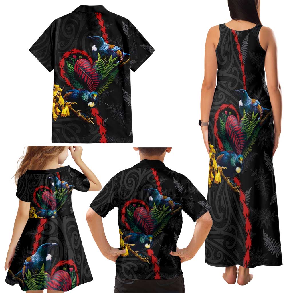 New Zealand Tui Birds Love Couple Family Matching Tank Maxi Dress and Hawaiian Shirt The Heart of Silver Fern Leaves and Maori Tattoo Pattern LT03 - Polynesian Pride
