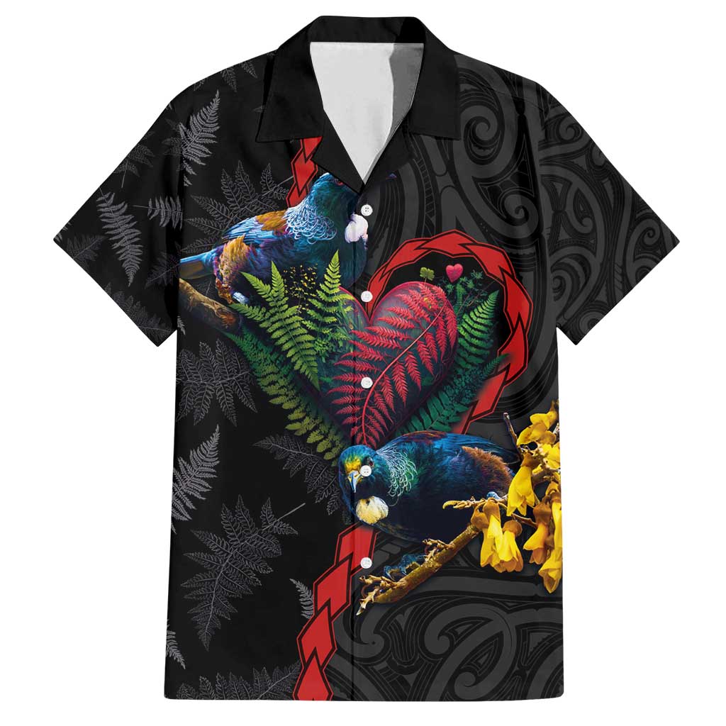 New Zealand Tui Birds Love Couple Family Matching Tank Maxi Dress and Hawaiian Shirt The Heart of Silver Fern Leaves and Maori Tattoo Pattern LT03 Dad's Shirt - Short Sleeve Black - Polynesian Pride