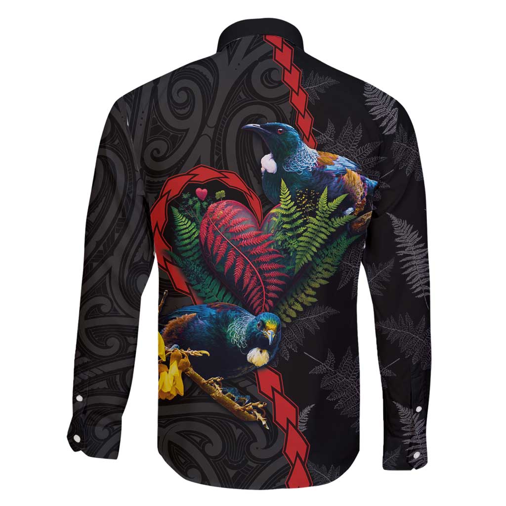 New Zealand Tui Birds Love Couple Family Matching Tank Maxi Dress and Hawaiian Shirt The Heart of Silver Fern Leaves and Maori Tattoo Pattern LT03 - Polynesian Pride