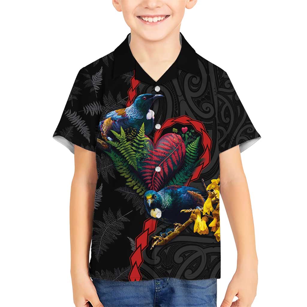 New Zealand Tui Birds Love Couple Kid Hawaiian Shirt The Heart of Silver Fern Leaves and Maori Tattoo Pattern LT03 Kid Black - Polynesian Pride
