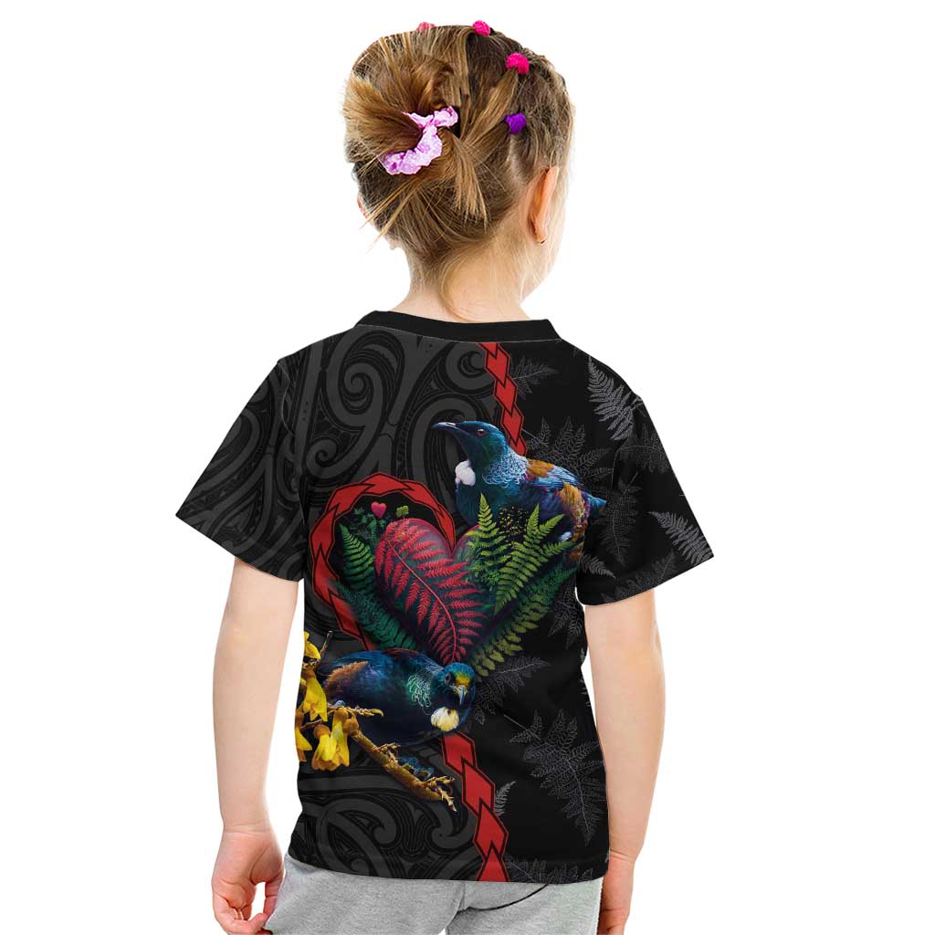 New Zealand Tui Birds Love Couple Kid T Shirt The Heart of Silver Fern Leaves and Maori Tattoo Pattern LT03 - Polynesian Pride