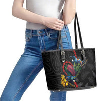 New Zealand Tui Birds Love Couple Leather Tote Bag The Heart of Silver Fern Leaves and Maori Tattoo Pattern LT03 - Polynesian Pride