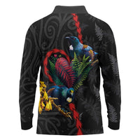 New Zealand Tui Birds Love Couple Long Sleeve Polo Shirt The Heart of Silver Fern Leaves and Maori Tattoo Pattern LT03 - Polynesian Pride