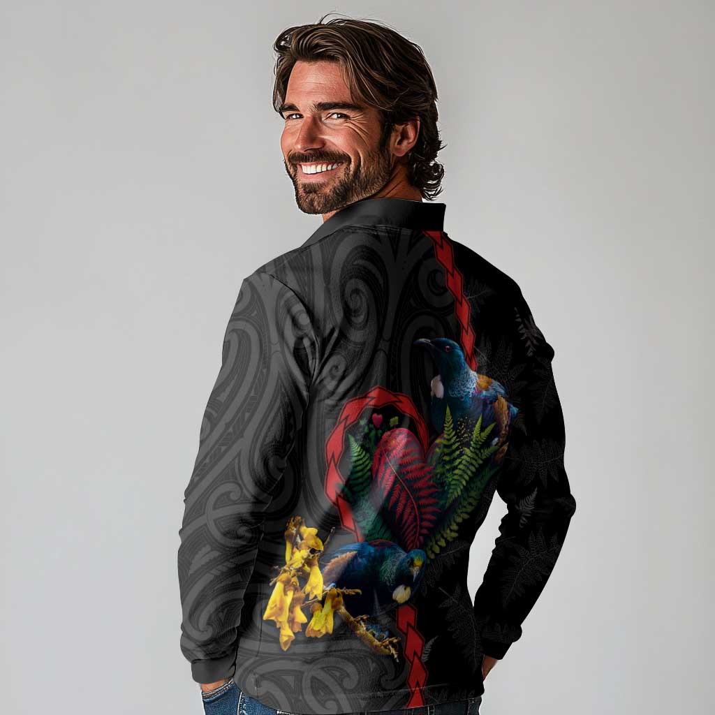 New Zealand Tui Birds Love Couple Long Sleeve Polo Shirt The Heart of Silver Fern Leaves and Maori Tattoo Pattern LT03 - Polynesian Pride