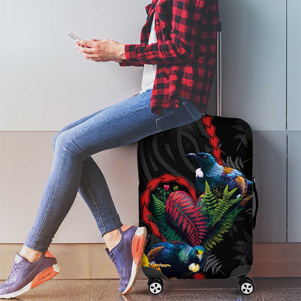 New Zealand Tui Birds Love Couple Luggage Cover The Heart of Silver Fern Leaves and Maori Tattoo Pattern