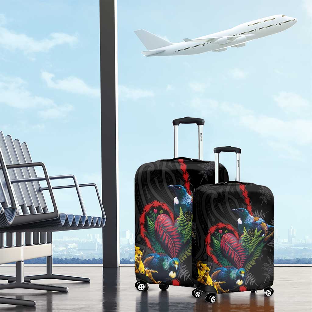 New Zealand Tui Birds Love Couple Luggage Cover The Heart of Silver Fern Leaves and Maori Tattoo Pattern