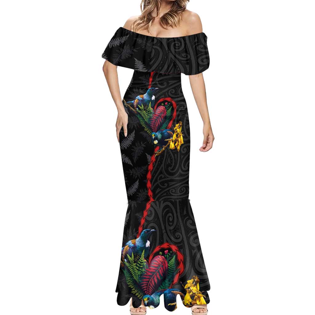 New Zealand Tui Birds Love Couple Mermaid Dress The Heart of Silver Fern Leaves and Maori Tattoo Pattern