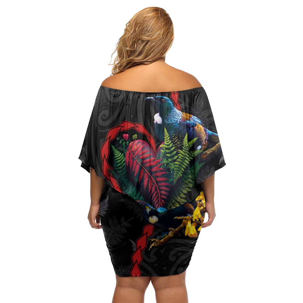 New Zealand Tui Birds Love Couple Off Shoulder Short Dress The Heart of Silver Fern Leaves and Maori Tattoo Pattern