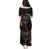 New Zealand Tui Birds Love Couple Puletasi The Heart of Silver Fern Leaves and Maori Tattoo Pattern