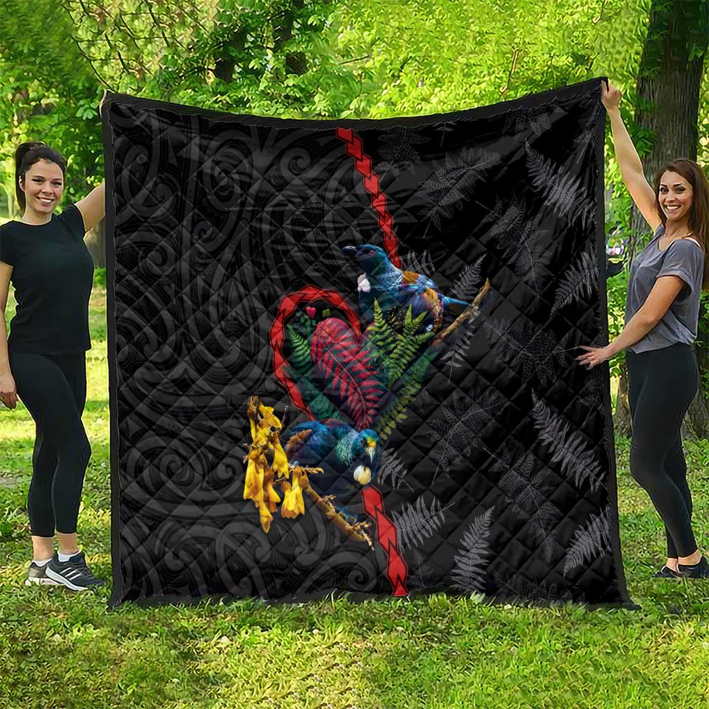 New Zealand Tui Birds Love Couple Quilt The Heart of Silver Fern Leaves and Maori Tattoo Pattern LT03 - Polynesian Pride